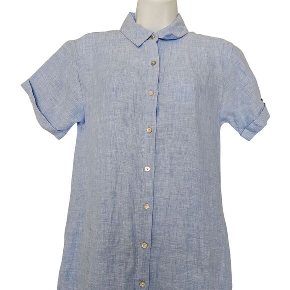 Tahari 100% Linen Shirt Dress Womens XS Blue Button Front Pockets - Picture 3 of 8